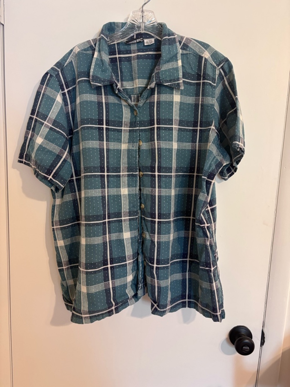 Fashion Bug Teal Plaid Short-Sleeve Button-Down Shirt vintage 90’s granny